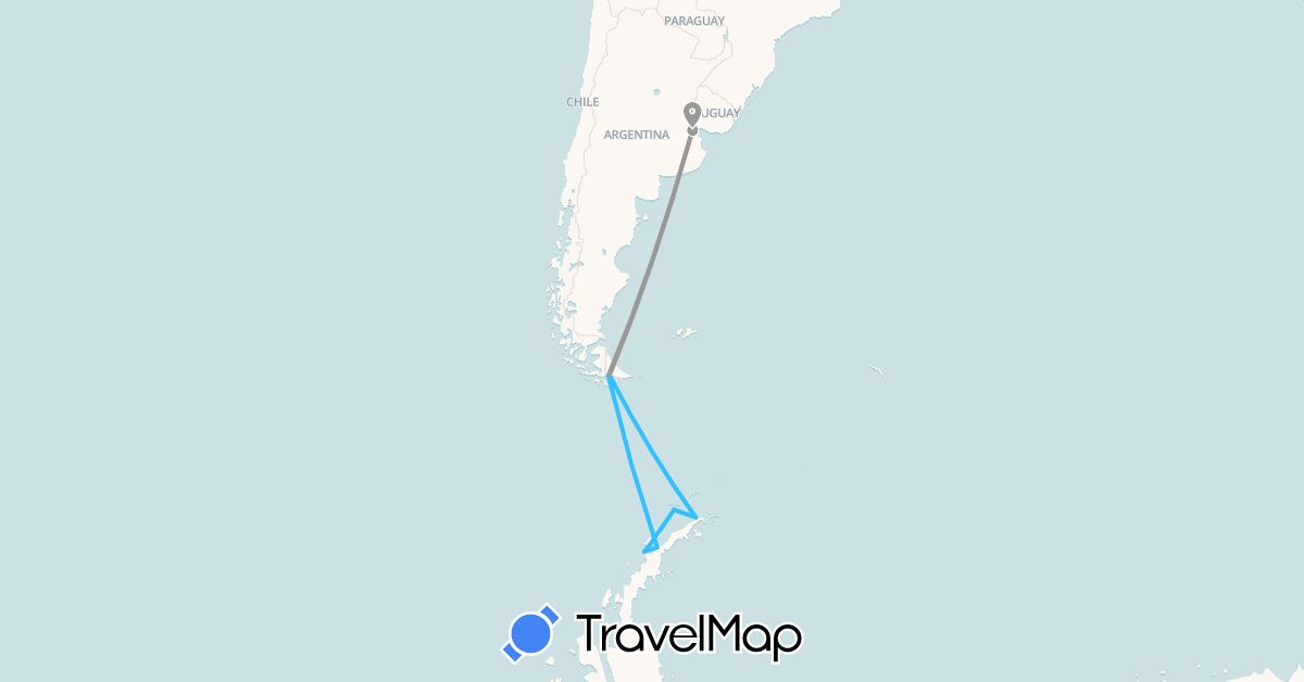 TravelMap itinerary: plane, boat in Antarctica, Argentina (Antarctica, South America)