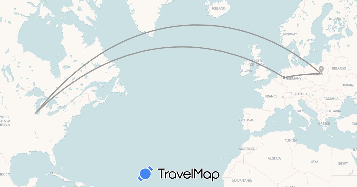 TravelMap itinerary: plane in Germany, Poland, United States (Europe, North America)