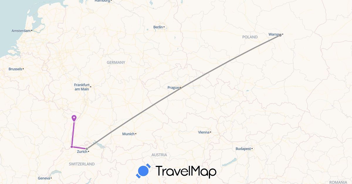 TravelMap itinerary: plane, train in Switzerland, France, Poland (Europe)
